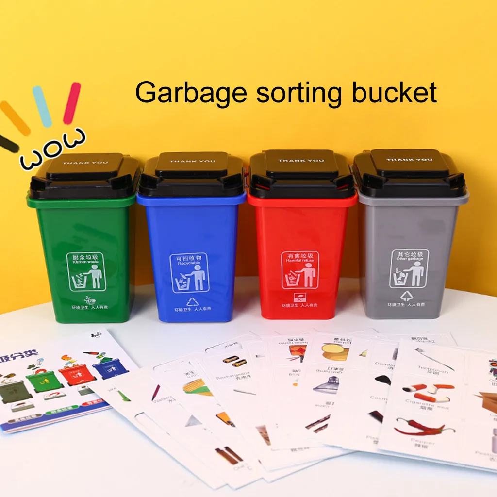 TENSKE 4 шт. мини мусорный бак 100 шт., классификационная карта для мусора для домашнего органайзера, сортировка мусора, игровой реквизит, идентификационное ведро - Цвет: Multicolor