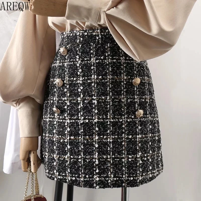Acheter Tweed jupe demi longueur pour les femmes en automne printemps 2019 nouveau coréen blanc noir Chic jupe courte avec ceinture haute et la hanche