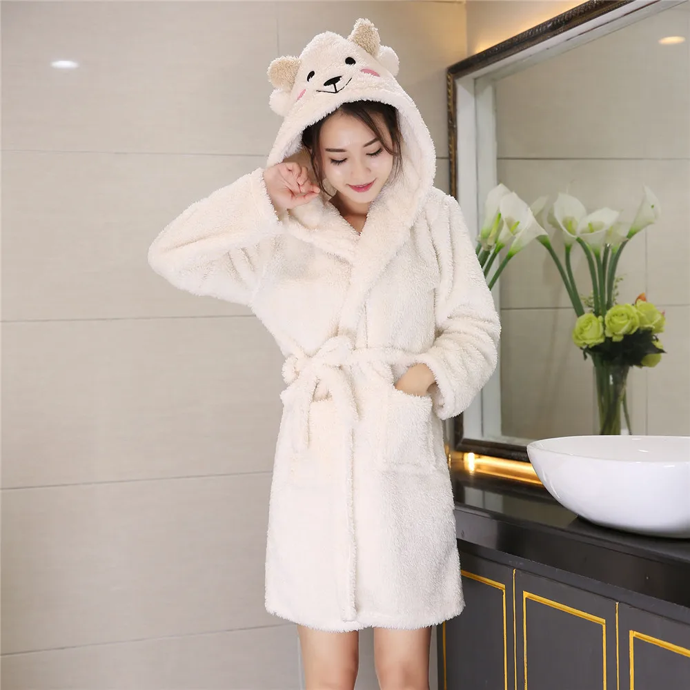 

White Cute Cartoon Women Kimono Robe Nightgown Coral Velve Hooded Sleepwear Nightwear Casual Soft Warm Bathrobe Gown Homewear