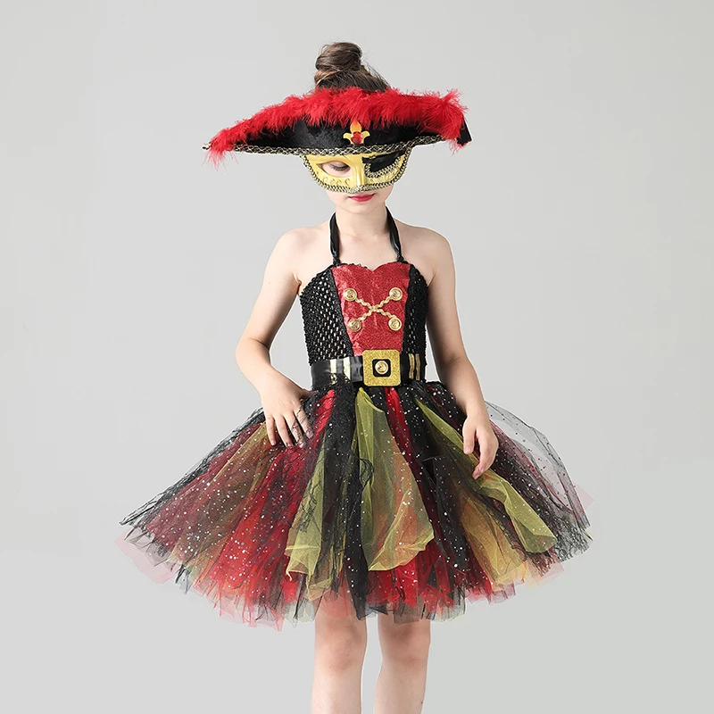 Girls Pirate Tutu Dress Costume Black Red & Gold Glitter Kids Deluxe Pirate Masquerade Halloween Role play Party Tutu Clothes