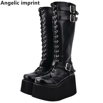 

Angelic imprint handmade Women Gothic motorcycle punk boots lady lolita Boots woman high trifle heels pumps shoes buckles 33-47