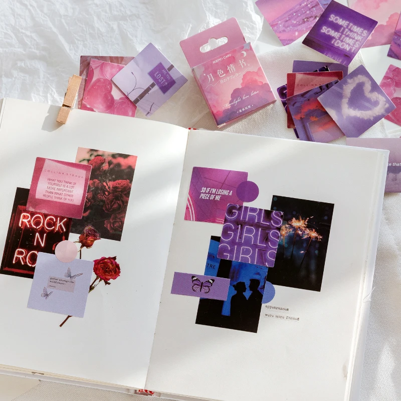 Pink Purple Love Material Sticky Diary Stickers Aesthetic Scrapbook Sticker for Notebooks Stationery Supplies Packing 46PCS