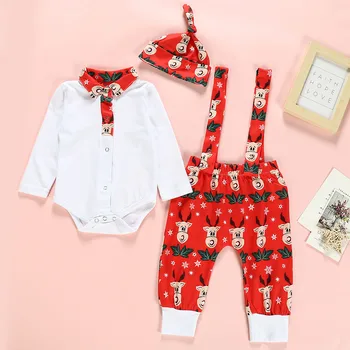 

Autumn Winter Infant Clothing Newborn Baby Boy Girl Outfit Long Sleeve Romper Tops Bib Strap Pants Hat 3PCS Christmas Set