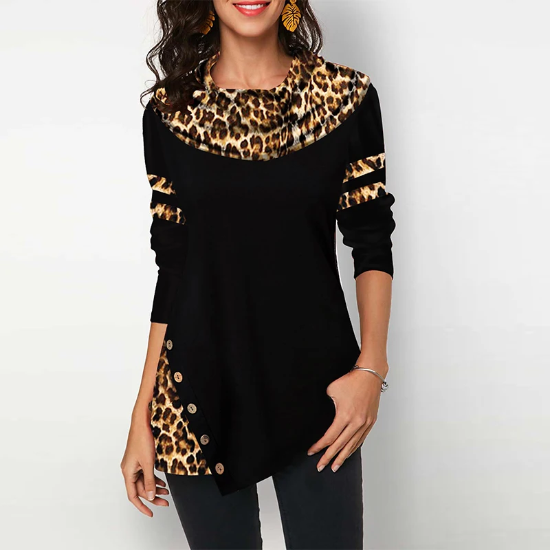 

Cotton Leopard Print Women's Blouses Shirts Casual Plus Size 2020 Spring Female Tunic Irregular Button Womens Tops And Blouses