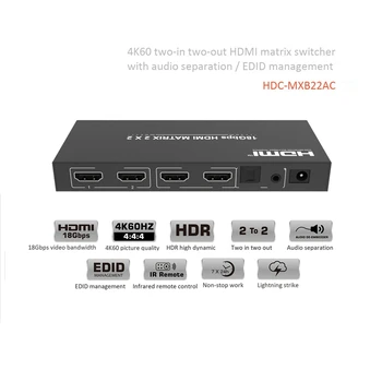 

18Gbps 2X2 HDMI Matrix 4K 60Hz HDMI Switch Splitter Optical + L/R 3.5mm Audio Output Audio EDID Extractor(EU Plug)