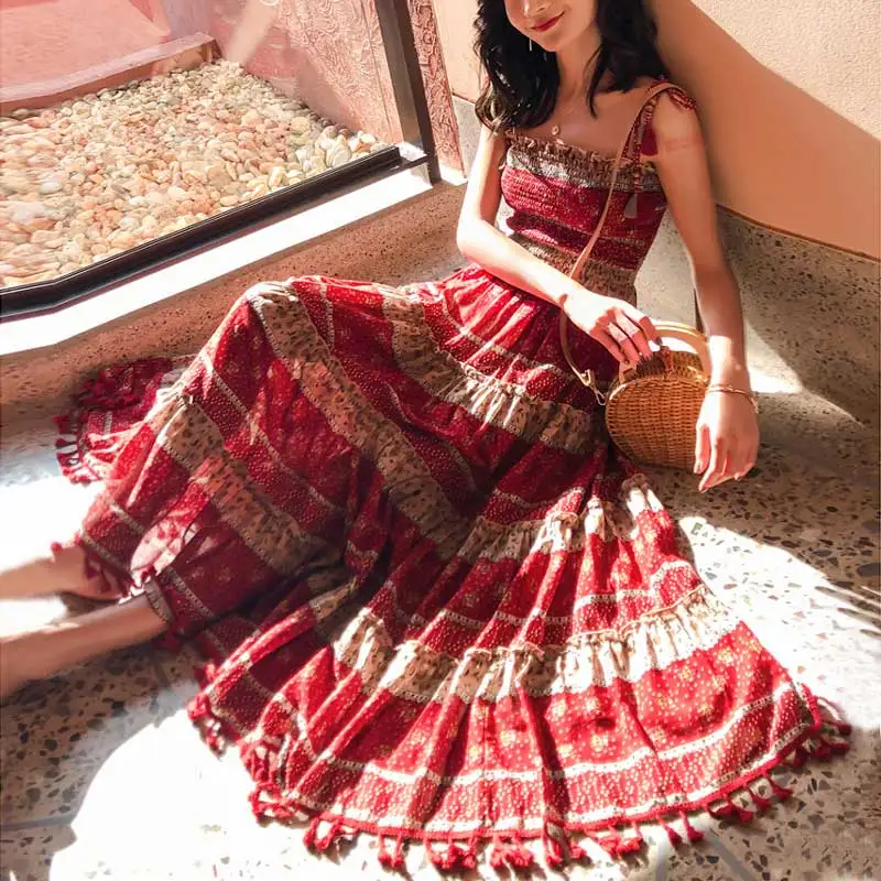 

BOHO INSPIRED red floral long boho dress super chic straps summer dress elastic bust dress women 2020 new casual dress female