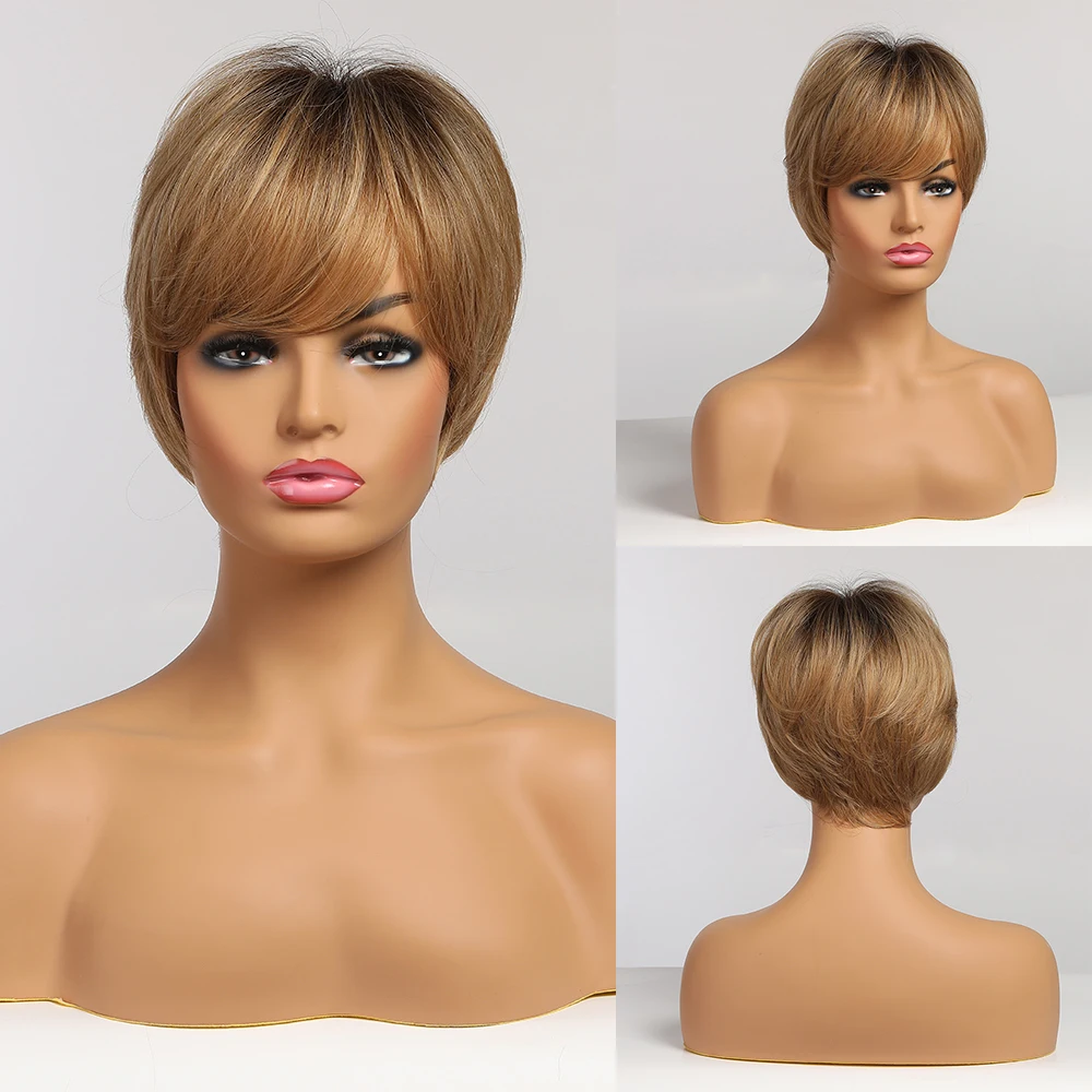 Luvin Ombre Bob Wig  Brown Synthetic Wigs Ash White Short Straight Puffy Natural Synthetic Hair Wigs with Bangs for Women images - 6