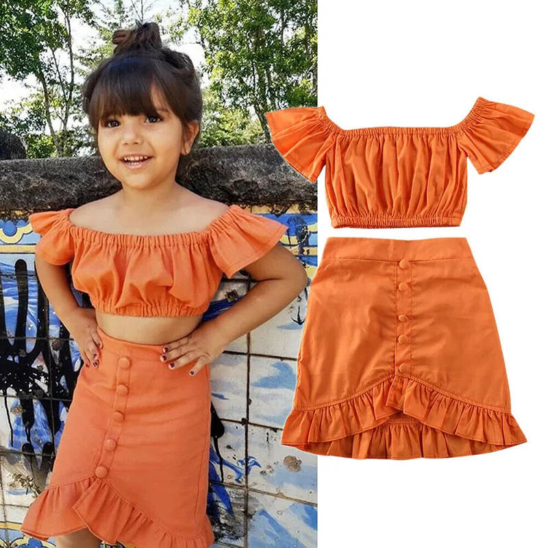 Toddler Baby Girls Clothes Orange Off Shoulder Crop Top Ruffle A-Line Skirt 2PCS Outfit 1-6Y Summer