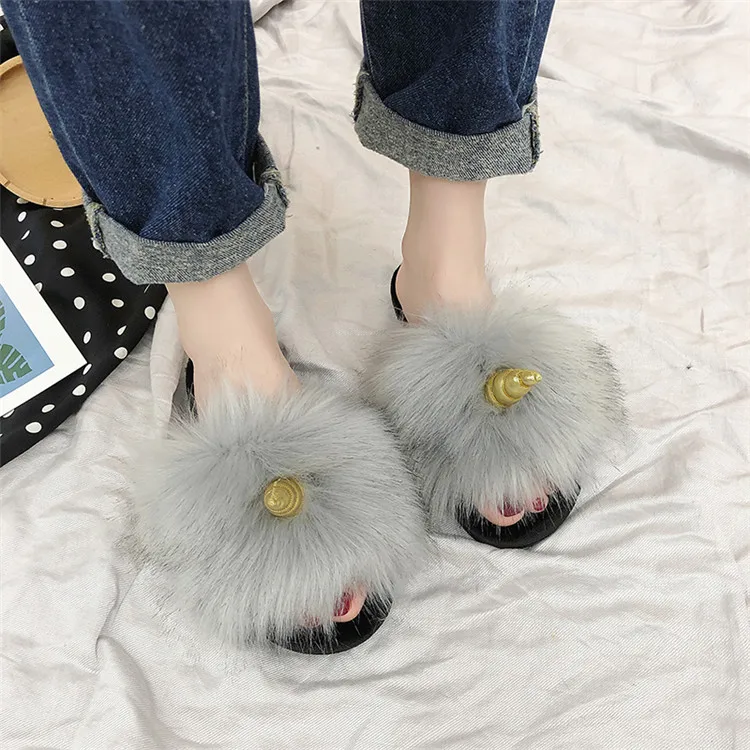 COOTELILI Winter Women Home Slippers with Faux Fur Fashion Warm Shoes Woman Slip on Flats Female Slides Black Christmas Gift