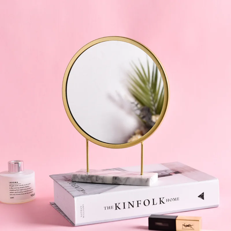 

1pc Modern Fashion Design Luxury Marble Base Rose Gold Color Loft Metal Steel Table Top Makeup Cosmetic Round Decorative Mirror