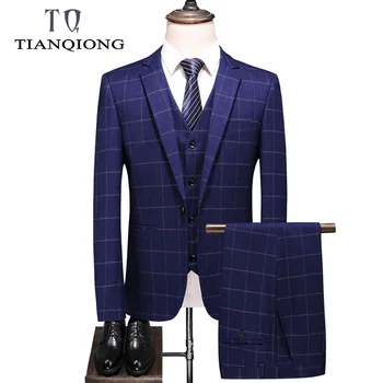 

Mens Brand 2019 Slim Fit Plaid 3 Pieces Suit Man Wedding Costume De Mariage Homme Suits High Quality Elegant Formal Work Suit