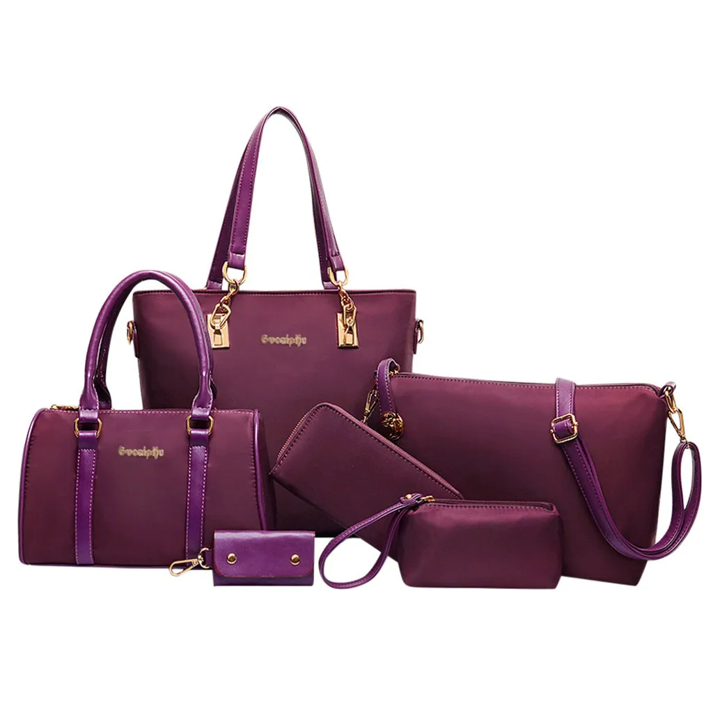 Женский уличный комплект из 6 предметов, нейлоновая Водонепроницаемая однотонная фиолетовая Дорожная сумка на молнии, большая сумка-кошелек, женская сумка-тоут на плечо - Цвет: Фиолетовый