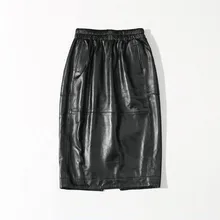 Кожаная юбка черная Женская эластичная Юбка До Колена в полоску из овечьей кожи Женская юбка из овечьей кожи