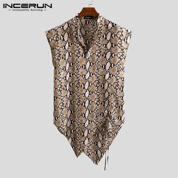 

2020 Summer Fashion Men Irregular Shirt Sleeveless V Neck Leopard Printed Casual Camisa Streetwear Drawstring Shirts INCERUN 5XL
