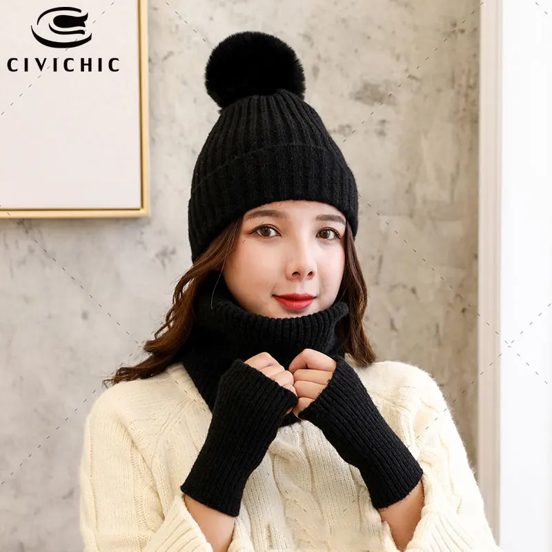 CIVICHIC Для женщин зимний теплый вязаный шарф шапка перчатки 3 предмета; комплект из утепленного помпоном шапочки милые шеи теплые, вязаные крючком Головные уборы шапки SH126 - Цвет: Black