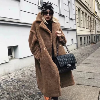 

women thick long jackets 2020 winter warm female lambswool coats turn down collar single button loose solid outwear feminina