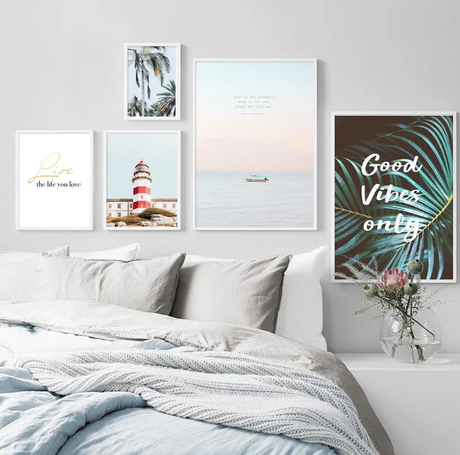 

Wall Art Canvas Painting Sea Ship Lighthouse Green Plant Quote Landscape Nordic Posters And Prints Wall Pictures For Living Room
