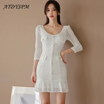 

Summer Elegant Bodycon Midi Dresses Womens Hollow Out White Lace Dress Sexy Women Ruffles Package Hip Dress Office OL Dresses