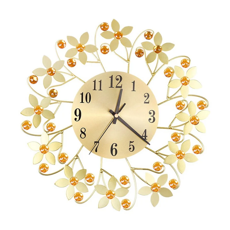 

Luxury Diamond Flower Large Wall Watch Vintage Metal Art Wall Clock Living Room Silence Bedroom Modern Design Home Decor Clock