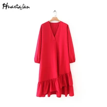 Huaxiafan однотонное платье женское красное с v-образным вырезом женское осеннее лоскутное элегантное стильное платье повседневное женское асимметричное платье Новинка