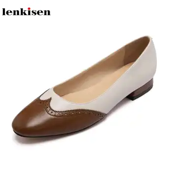 

Lenkisen hot simple vintage spring cow leather round toe low square heels mixed colors school wear fashion Mary Jane pumps L6f1
