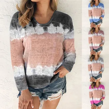 

Women's Color Block Tie-Dye Patchwork Crew-Neck T-Shirt Casual Tee Tops（S-5XL） Autumn Winter женские блузки рубашка женская