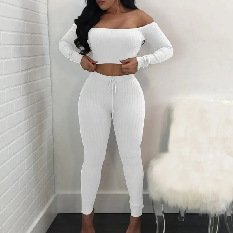 

Women Long Sleeve Crop Top Full Pants Ladies Sexy Skinny 2 Piece Set Slash Neck Off Shoulder Bodycon Winter Autumn Female Suits