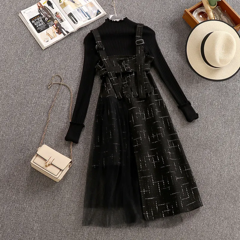 

Women Tweed Suspenders Dress Two-piece Suits 2020 Spring Mesh Patchwork Strap Plaid Wool Sashes Dress Overalls+Black Knitted Top