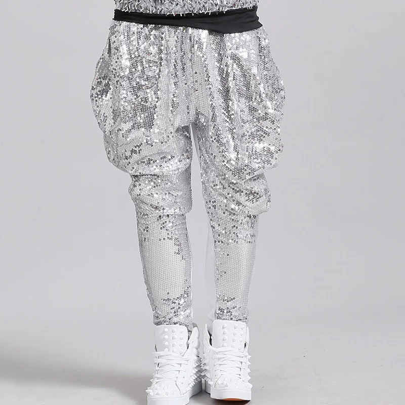 

Мужские серебристые шаровары с блестками, одежда для ночного клуба, бара, певицы, сценические костюмы, танцевальные брюки, Одежда для танцев DNV11969