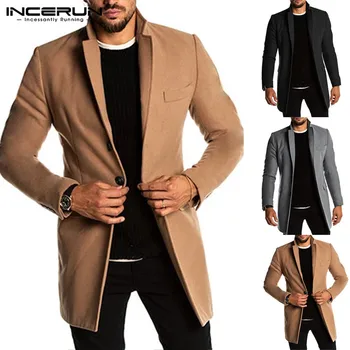 

INCERUN Men Trench Faux Fleece Blends Jackets Long Sleeve Button Winter Casual Business Coats Streetwear Brand Overcoats 2020