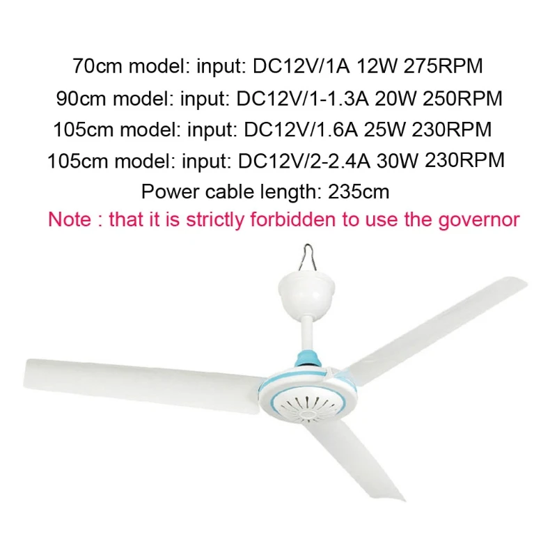 27.5&rdquo; 35.4&rdquo; 41.3&rdquo; 47.2&rdquo; Silent 12V Ceiling Fan Hanging Fan with 2.35m Cable for Camping Tent Outdoor Home No Switch