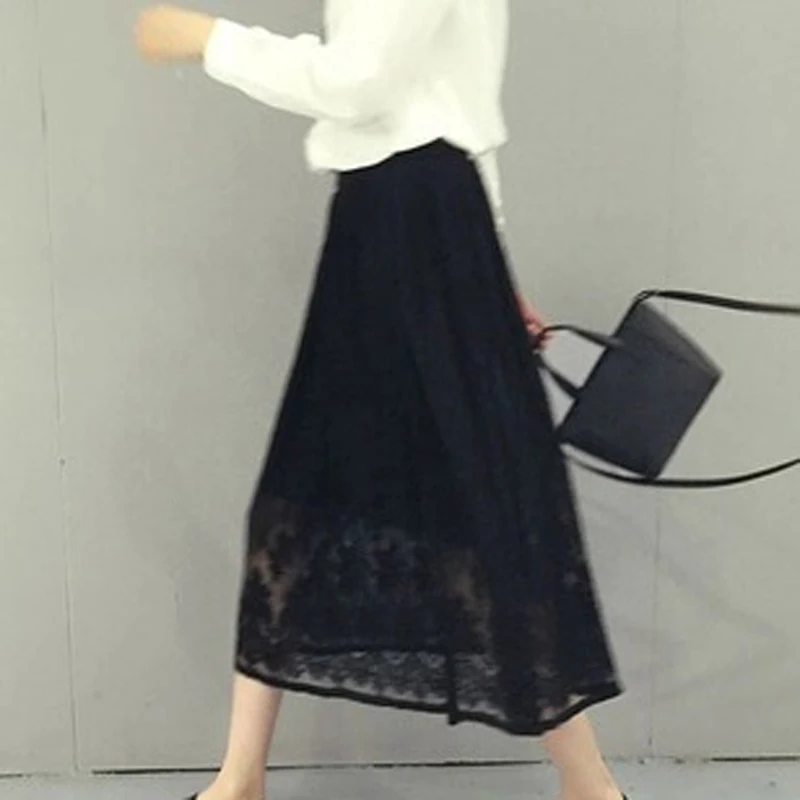 Женские Элегантные однотонные с высокой талией свободные кружевные длинные юбки для дам модные Изящные повседневные юбки до середины икры