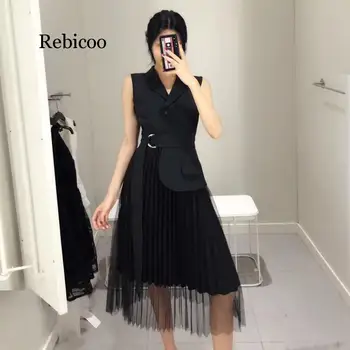 

High Quality autumn New Fashion Black White Sleeveless Notched Stitching Mesh Hemline Women's Unique Dress
