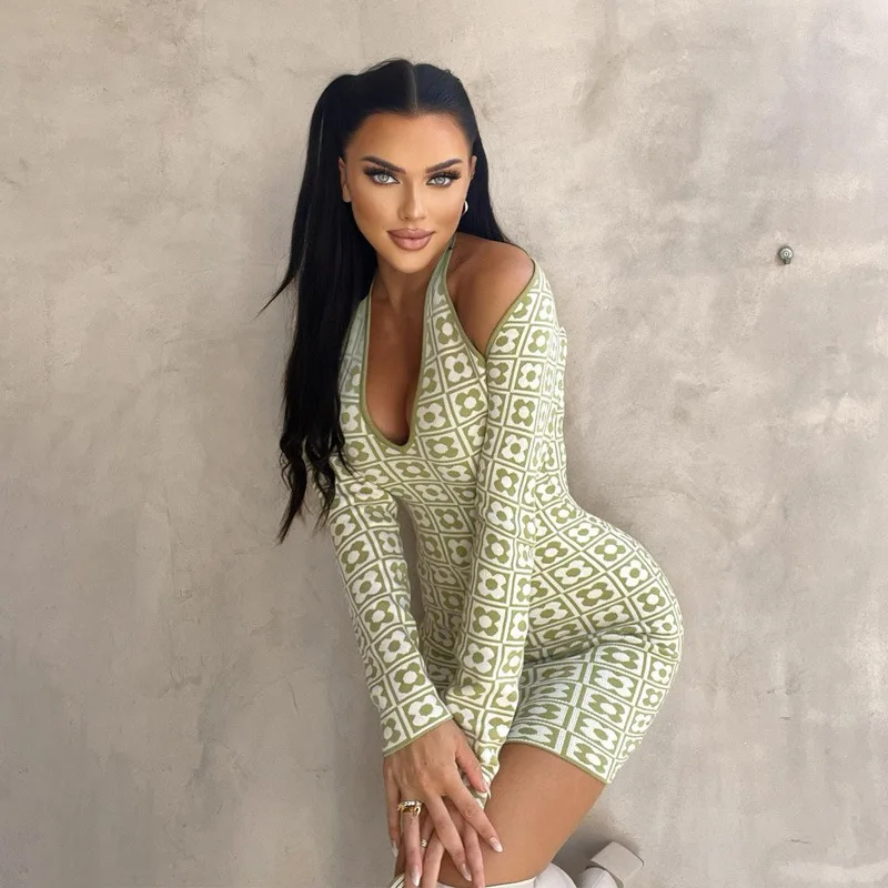 Heliar Women Green Floral Stitching Dress Long-sleeved Sexy Slim Bodycon Halter Dresses Spring Party | Женская одежда