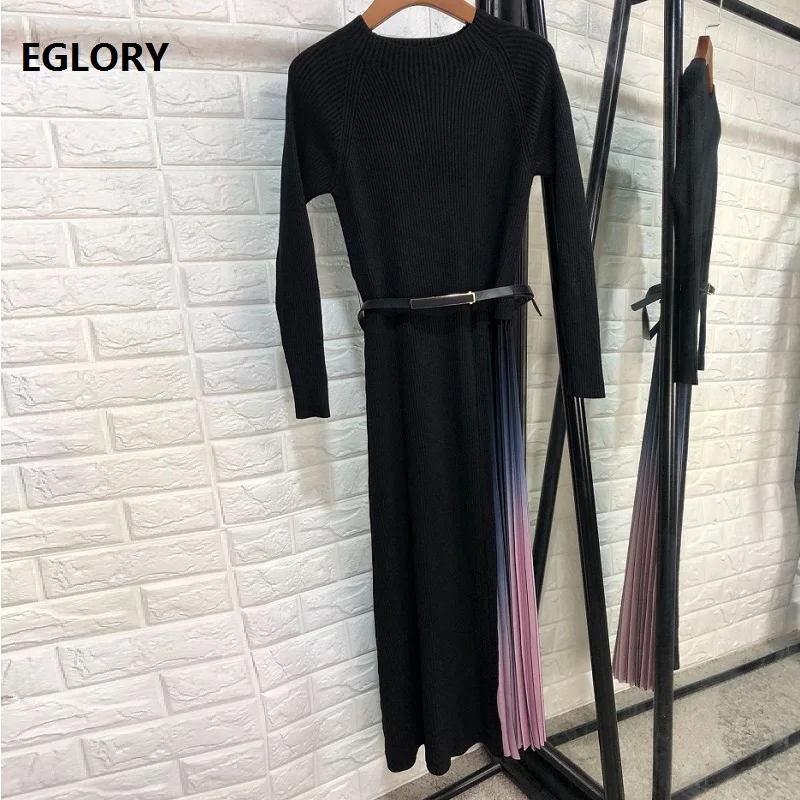 

High Quality Sweater Dress 2019 Autumn Winter Knitted Dress Women Gradient Pink Color Patchwork Long Sleeve Black Dress Belt
