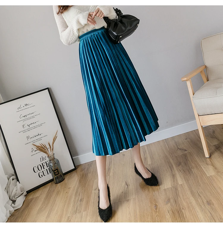 Beiyingni Autumn Winter Gold Velvet Midi Skirt for Woman High Waist Vintage Casual Pleated Skirts Womens Solid 7Colors Warm Saia