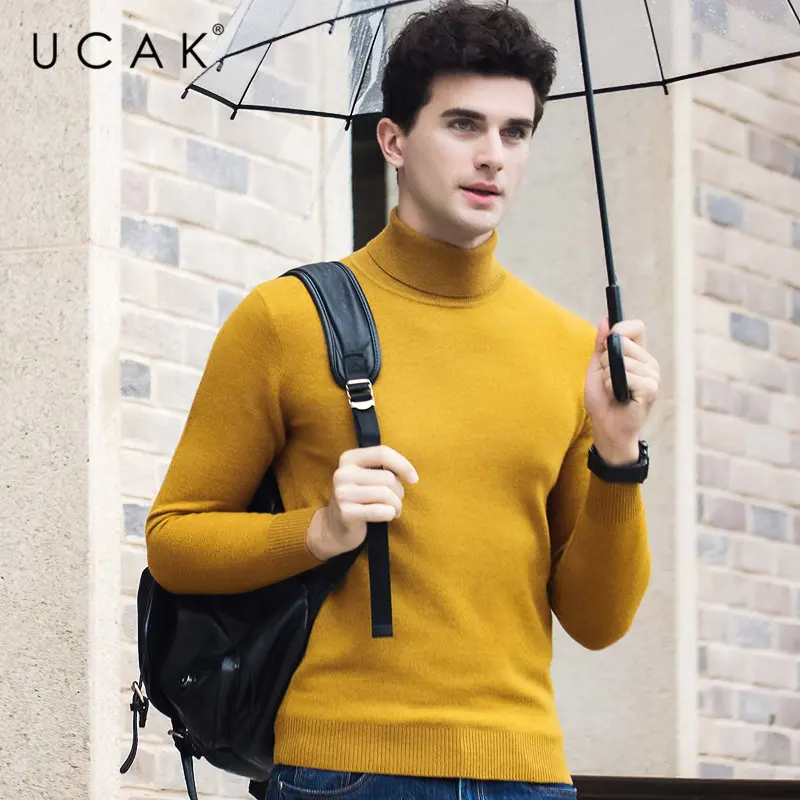 Цвет: желтый UCAK бренд Merino шерстяной мужской свитер осень-зима толстые теплые детские джинсы с кашемиром без полей, Повседневное пуловер с воротником "хомут" Для мужчин Джерси U3059 - Цвет: Цвет: желтый