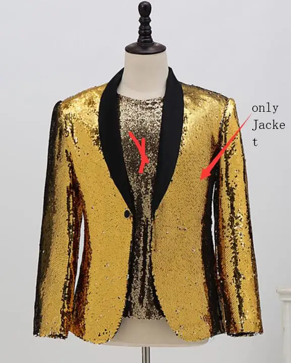 Мужская шаль воротник золотые блестки Пиджаки Тонкий костюм куртки сценический Повседневный пиджак вечернее представление концертный певец и ведущий Блейзер костюм - Цвет: Gold