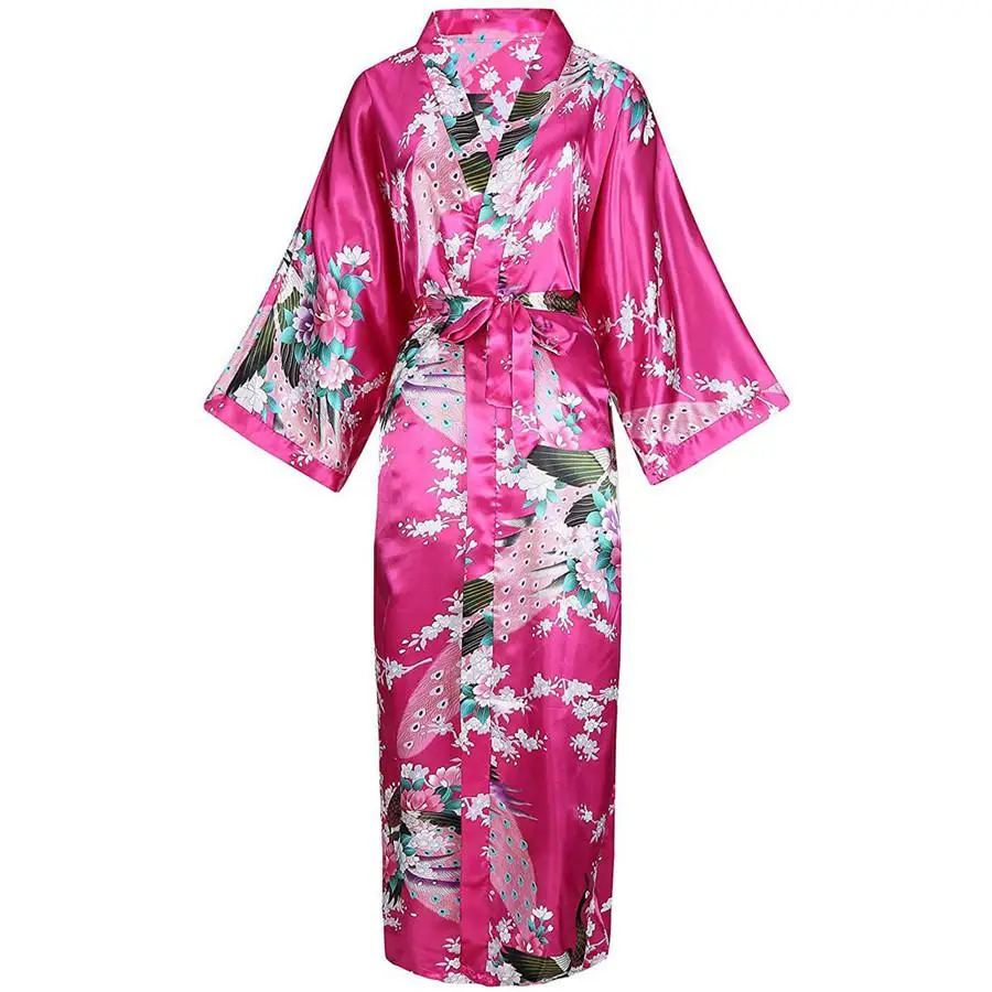 Элегантный женский длинный халат Kimon с изысканным цветочным принтом, халат, интимное белье, повседневный мягкий атласный Свадебный халат, пижама - Цвет: Rose Red