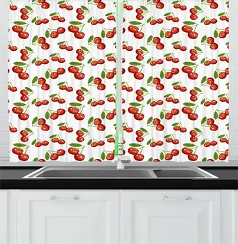

Fruit Curtains Living Room Bedroom Red Green and White Window Drapes for Kitchen Cherry Pattern Design Fresh Berry Fruit Summer