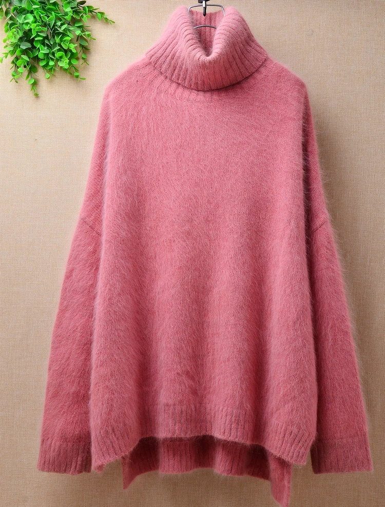 Top mujer femme women  long  angora rabbit fur turtleneck long sleeves mink cashmere loose basic pullover sweater coat sweet angora fur fashion gril