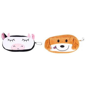 

2x Kids Cartoon Pencil Case Plush Large Pen Bag Cosmetic Makeup Cartoon Storage Bag Cow & Dog