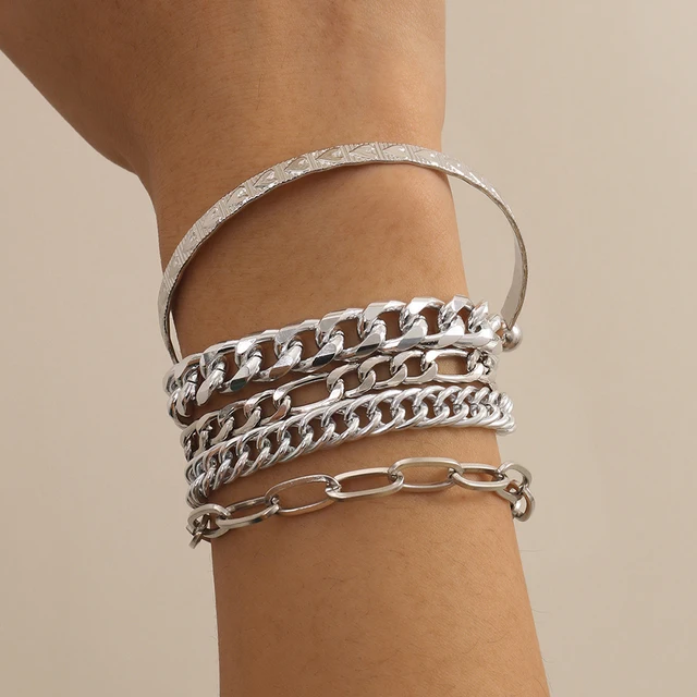 Punk Curb Cuban Chain Bracelets Set for Women Multilayer Miami Boho Thick Gold Color Charm Bracelets Bangles Fashion Jewelry Platinum Plated