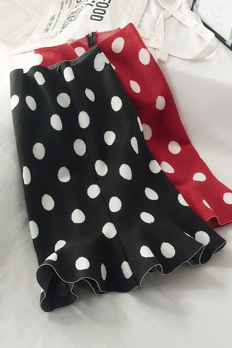 LUOSHA Women Autumn Winter Knitted Polka Dot Memaid Ruffles One Step Skirt Women Vintage Midi Skirts