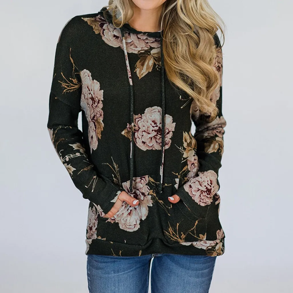 

Fashion Women Hoodies Casual Loose Female Hoody Floral Print Long Sleeve Padded Pullover Hooded Strappy Sweatshirt Tops Jumpers