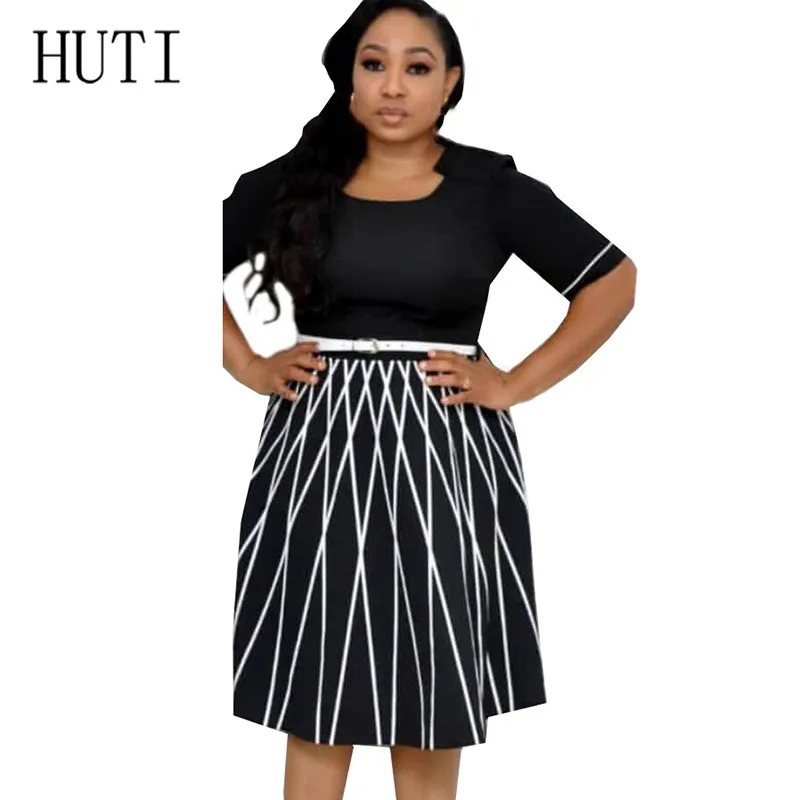 

HUTI African Women Loaded Fishing Net Print Stitching Commuter Large Size Dress with Belt Short Sleeve Hollow Out Summer Dress