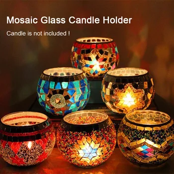 

Handmade Mix Color Mosaic Glass Candle Holder Romantic Candlelight Dinner Wedding Party Tea Light Candle Home Decoration