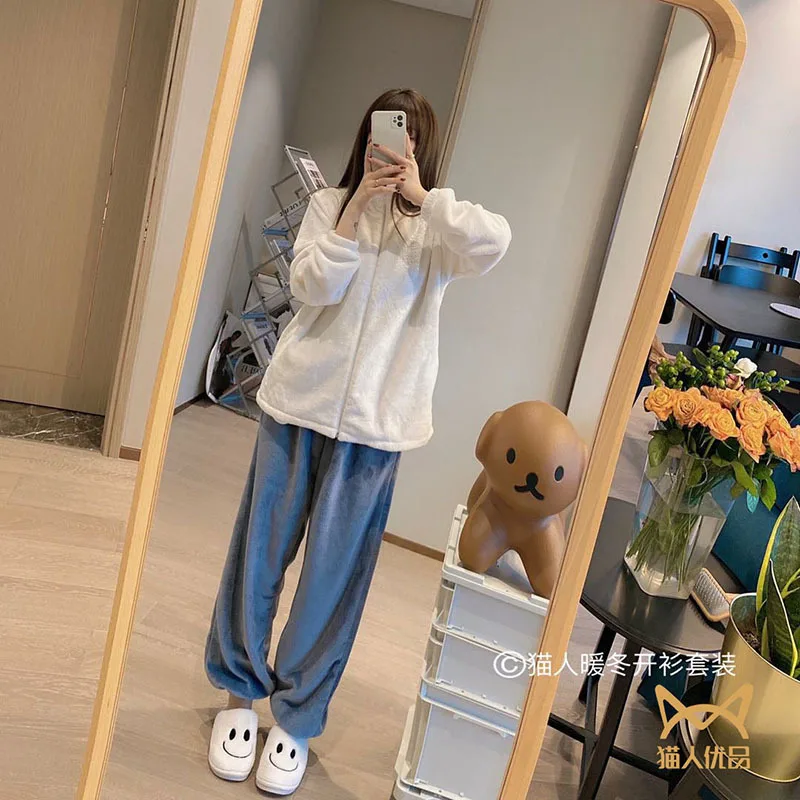 2021 women Flannel pajamas set autumn winter cardigan zipper warm homewear suit thick sported casual loose pajamas set qweek flannel loungewear women winter warm pijama gary pajamas brief female set woman 2 pieces sleepwear zipper pyjamas suit pjs