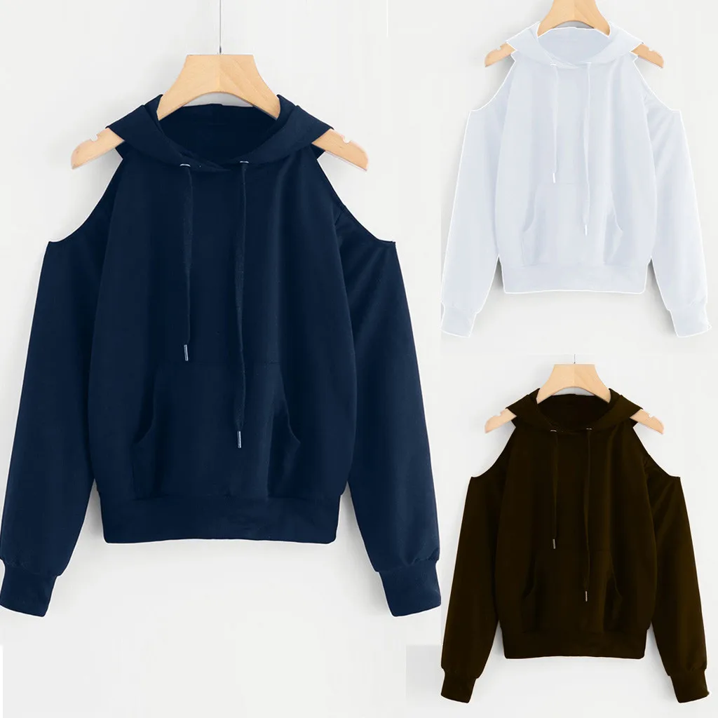 JAYCOSIN Fashion Women Casual Simple Loose Off Shoulder Hooded Sweatshirt Long Sleeve Comfortable Soft Pure Color Blouse