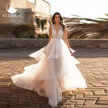 

Aedmgh Empire A-Line Wedding Dresses 2022 V-Neck Sleeveless Court Train Robe De Mariage Beaded Appliques Ruffles Bridal Gowns